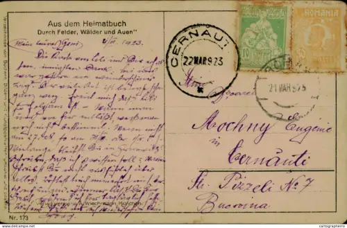 A5936 Postcard correspondence Bukovina Czernowitz 1923 Aus dem Heimatbuch Durch Felder, Walder und Auen