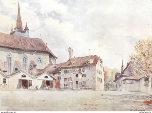 A5412 Switzerland Lausanne eglise Saint Francois aquarelle de Charles Vuillermet signed artwork