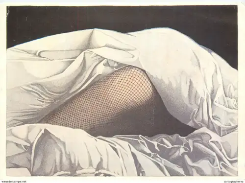 A5411 Pin up risque woman fishnet leg getting out from under duvet