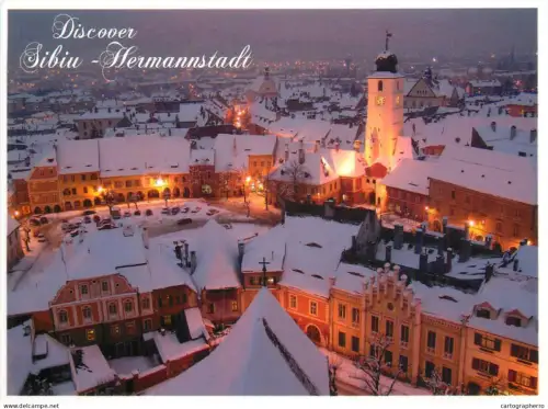 A5409 Romania Sibiu Hermannstadt Turnul Sfatului Piata Mica peisaj de iarna vedere de seara