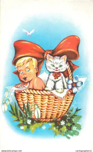 A5409 Kid, kitten basket children illustration