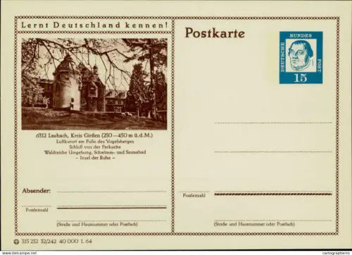 A5937 German postal stationery postcard  Laubach, Kreis Gießen