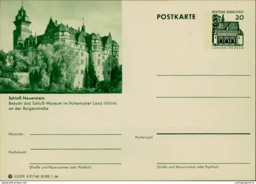 A5937 German illustrated postal stationery postcard Neuenstein Castle