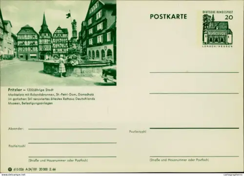 A5937 German illustrated postal stationery postcard Fritzlar Roland fountain and St. Peter's Cathedral