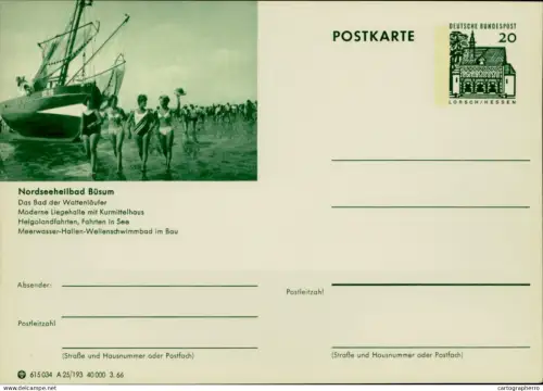 A5937 German illustrated postal stationery postcard beach and a ship, highlights the North Sea spa town of Büsum