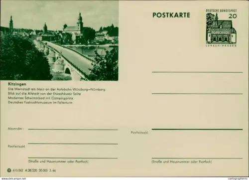 A5937 German illustrated postal stationery postcard Kitzingen's old town and the bridge over the Main river