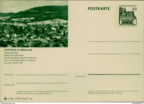 A5937 German postal stationery Fürth im Odenwald 20 Pfennig Deutsche Bundespost stamp with the Lorsch/Hessen design