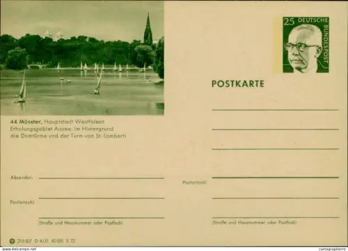 A5937 German postal stationery 1972 featuring a scene of the Aasee lake in Münster, Westphalia