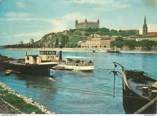 A5526 Slovakia Bratislava castle from across Danube river and sailing vessels