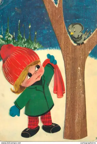 A5549 Vintage illustration winter-dressed little girl taking care of little bird