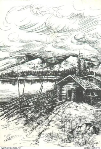A5541 Sweden Fabodar mountain area wooden cabin art drawing