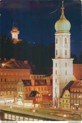 A5538 Austria Graz Steiermark Franziskanerkirche mit Uhrturm bei Nacht