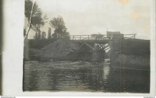 A5974 Photographic postcard repaired bridge over a canal place to identify