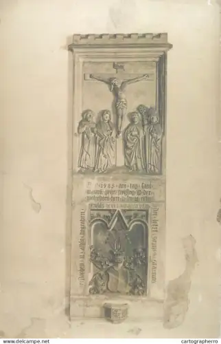 A6052 medieval funerary tablet or stone funerary monument scene of the Crucifixion noble coat of arms