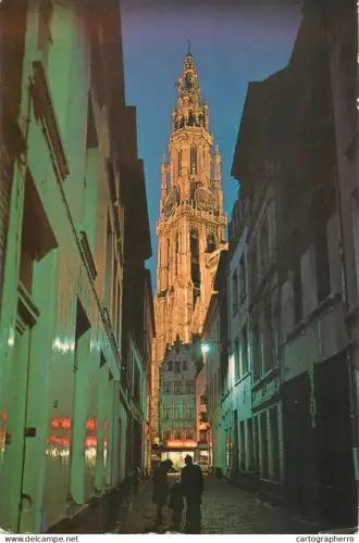 A5595 Belgium Antwerpen Pelgrimsstraat met O.L Vrouwetoren Kathedral bei Nacht