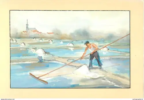 A5675 France paludier dans le marais aquarelle de J. Renier