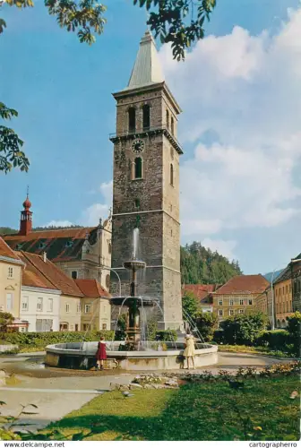 A5691 Austria Judenburg Hauptplata mit Stadtturm und Springbrunnen