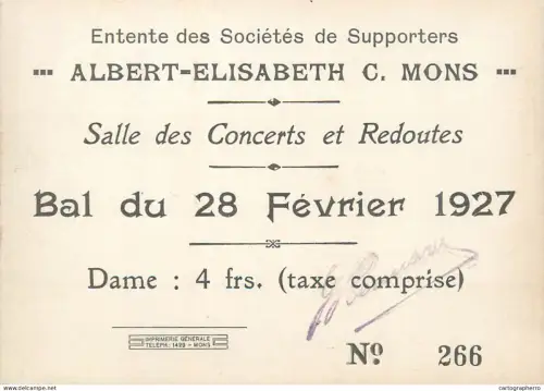 Entente des Societes de Supporters Albert-Elisabeth C. Mons salle des Concerts et Redoutes Bal 28 Fevrier 1927