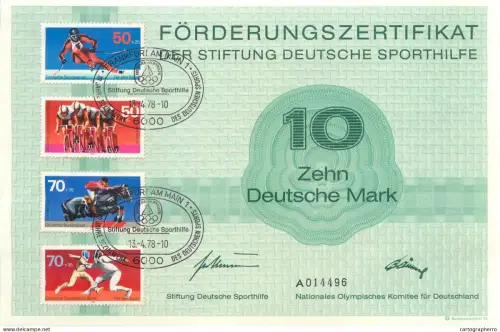 Germany 1978 olympic games 10 DM certified Sheet Sports Aid Funding Certificate Sport - Sporthilfe - Zertifikat