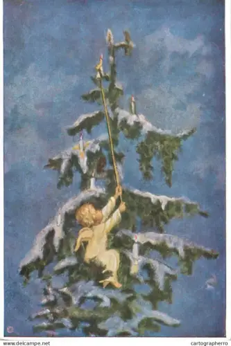 A5703 Angel decorating Christmas tree with candle M. Spotl illustration