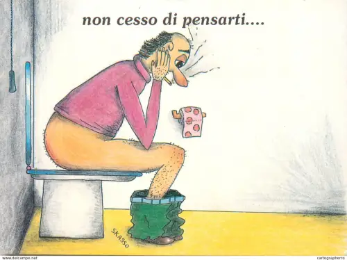A5700 Funny humour caricature man in the bathroom Skasso signed artwork