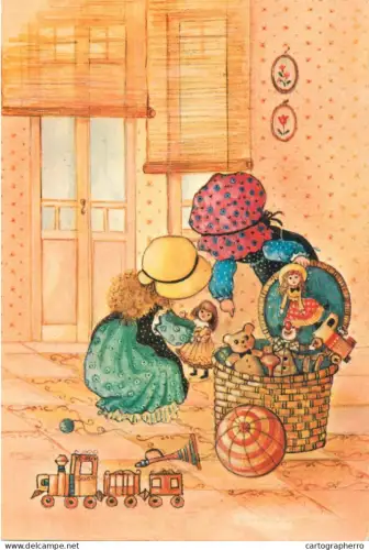 A5700 Children types young girls sisters playing with dolls illustration