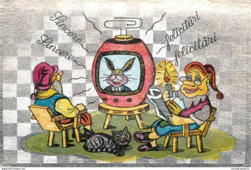 A6092 Romania silver foil novelty greetings postcard dwarf gnomes watching TV