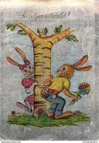 A6092 Romania silver foil novelty postcard Easter greetings humanized drawn rabbits 1980