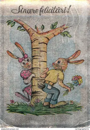 A6092 Romania silver foil novelty postcard Easter greetings humanized drawn rabbits
