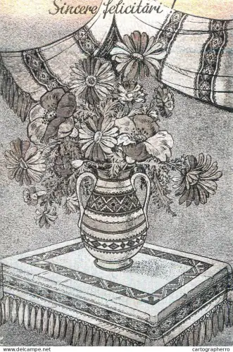 A6092 Romanian silver foil novelty greetings postcard flowers vase 1970s