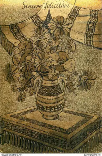 A6092 Romanian gold foil novelty greetings postcard flowers vase 1970s