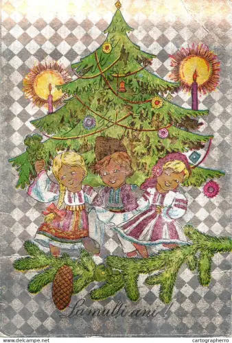 A6092 Romanian silver foil novelty winter seasonal greetings postcard "La multi ani!" 1970s