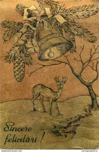 A6092 Romanian silver foil novelty winter seasonal greetings postcard deer 1974