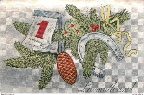 A6092 Romanian silver foil novelty greetings postcard New Year 1977