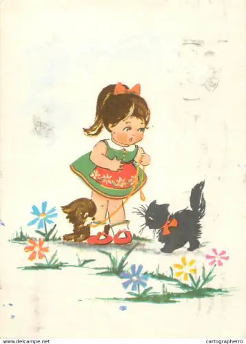 A6205 Cute drawn girl with dog and cat Romania postcard 1968
