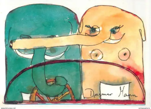 A5715 Elephants driving Dagmar Mann signed humourous artwork