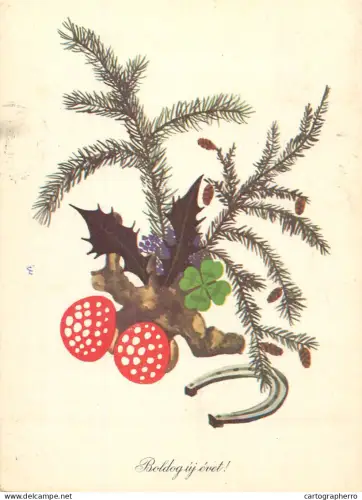 A6099 Luck greetings New Year greetings red-and-white spotted mushrooms, four-leaf clover and a horseshoe 1981