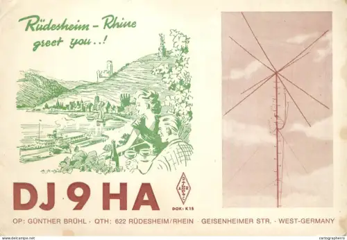 A6099 QSL Radio Amateur Card Rhine Valley town of Rüdesheim DJ9HA, operator identified as Günther Brühl