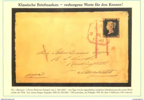 A6099 Penny Black, featuring a profile of Queen Victoria first adhesive stamp to pre-pay postage modern postcard