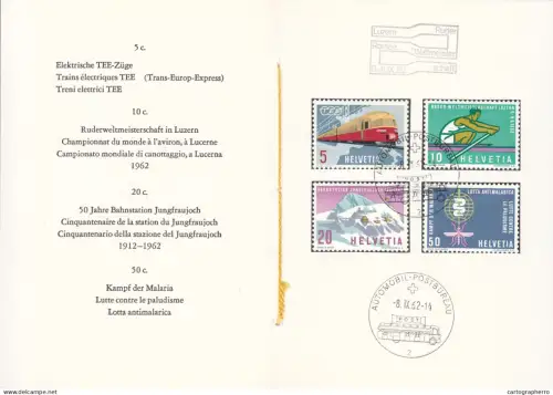 A6099 Swiss philatelic souvenir card from 1962 featuring a set of four postage stamps commemorating various Swiss themes