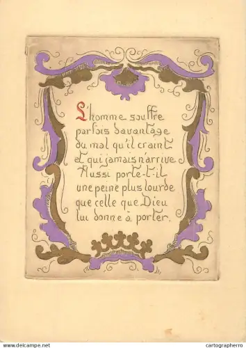 A6099 Illuminated manuscript featuring a decorative, purple and gold border surrounding stylized text greetings card
