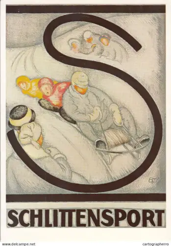 A6098 Advertisement poster modern postcard large letter S framing  people sleigh Davos Mangold Burkhad