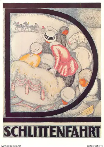 A6098 Advertisement poster modern postcard large letter D framing  people in a horse-drawn sleigh Davos Mangold Burkhad