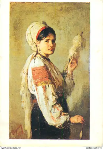 A6097 Romania fine art N. Grigorescu - Taranca torcand