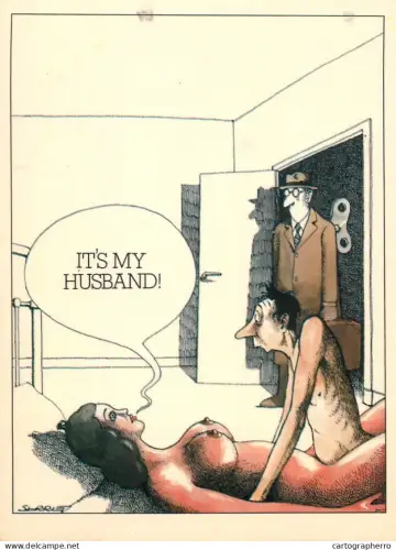 A6095 Woman in bed shouts, "IT'S MY HUSBAND!" automated husband comic caricature postcard
