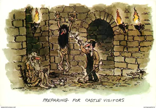 A6095 Scottish humor caricature postcard preparing for castle visitors