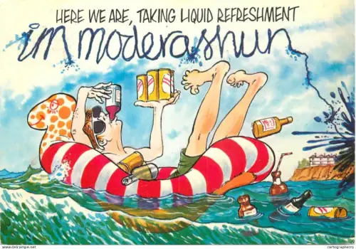 A6095 British humor caricature postcard here we are taking liquid refreshment