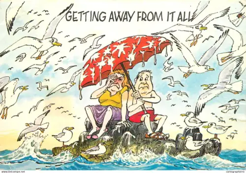 A6095 British humor caricature postcard getting away from it all