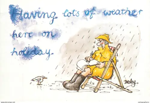 A6095 British humor postcard - Having lots of weather here on holiday caricature by Besley