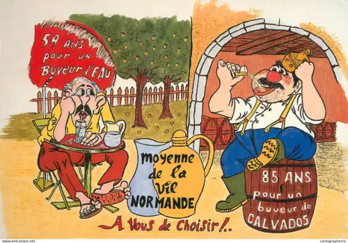 A6095 French humoristic postcard from Normandy depicting supposed life expectancy of water drinkers versus apple brand